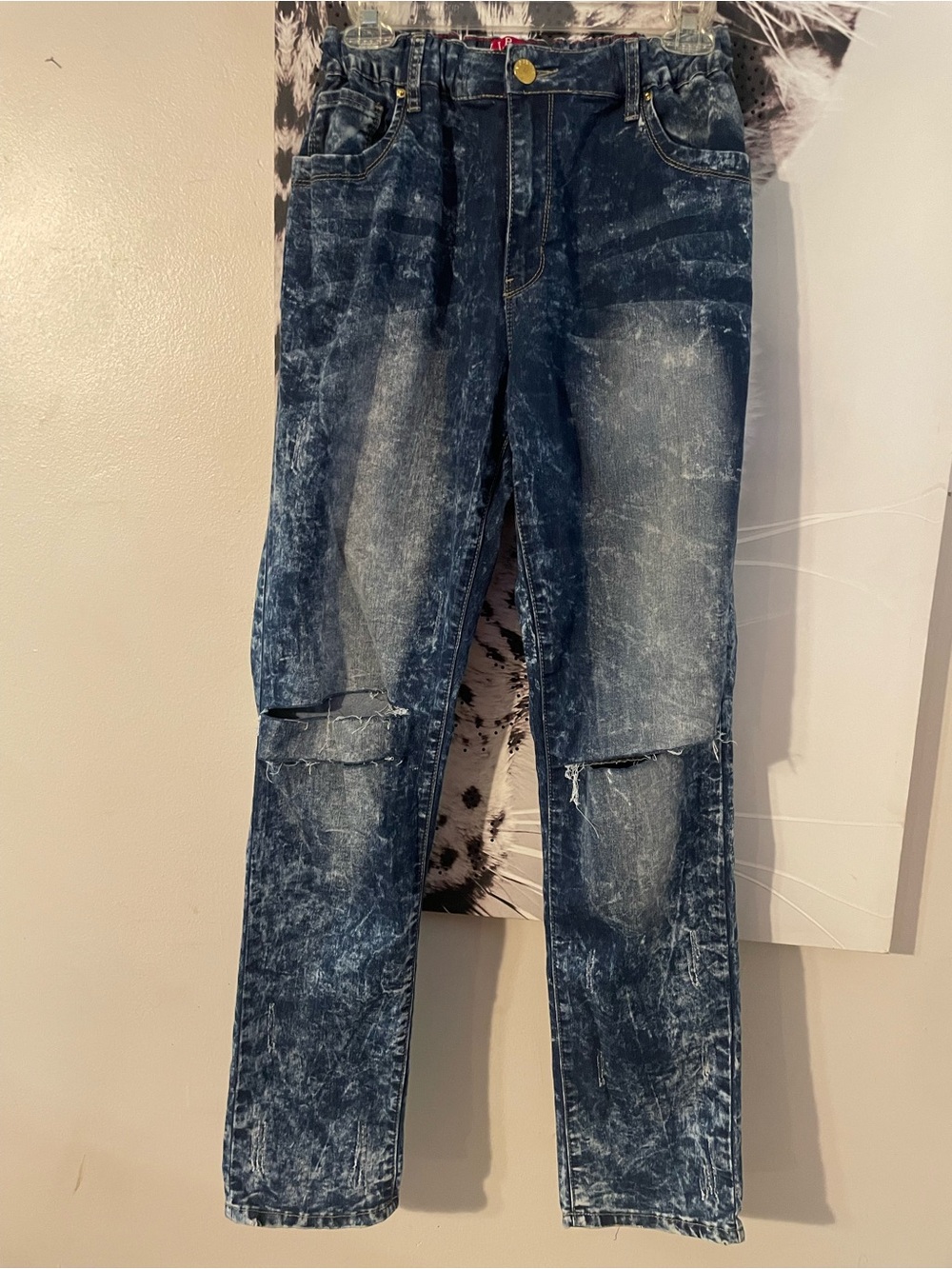 80s insp Vintage Dark Blue Distressed Denim Jeans Regular 18 W stretch straight